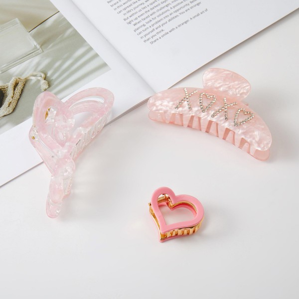 Set Of Three Marbled Acetate & Rhinestone "XOXO" Claw Hair Clips

- Approximately 1" - 4" L