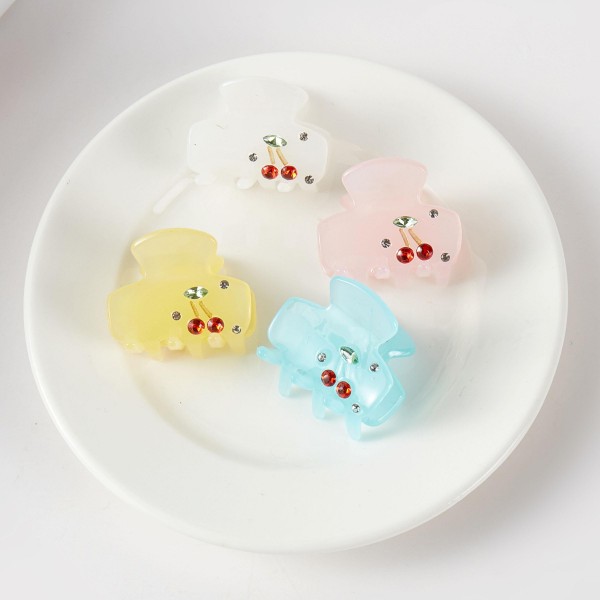 Set Of Four Acetate Claw Hair Clips With Rhinestone Cherries 

- Approximately 1" L