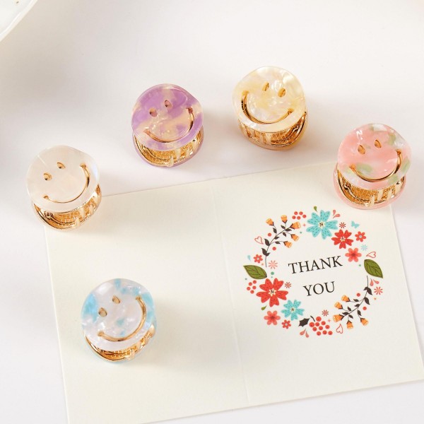 Set Of Five Mini Marbled Acetate Happy Face Claw Hair Clips - Gift Box Included - Approximately .75" L view 5