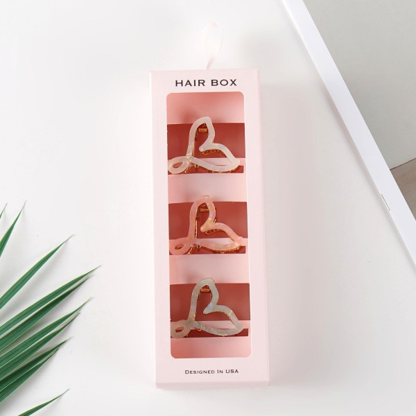 Set Of Three Marbled Acetate Heart & Metal Claw Hair Clips 

- Gift Box Included 
- Approximately 1.25" L