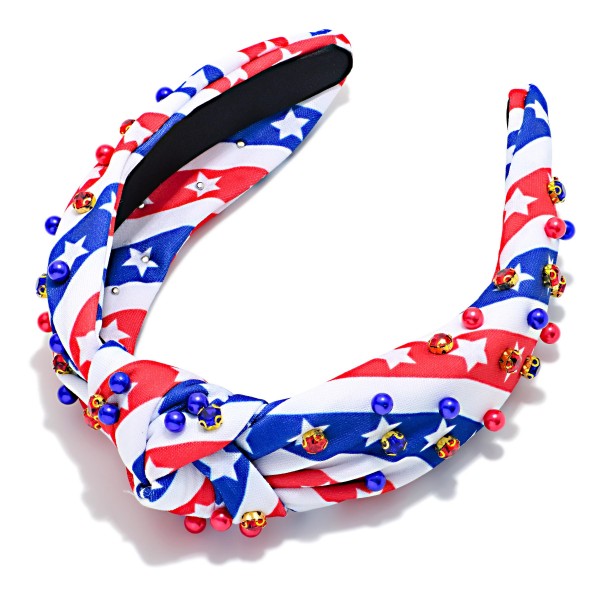 Americana Stars & Stripes Knotted Headband With Bead & Rhinestone Details 

- One Size Fits Most