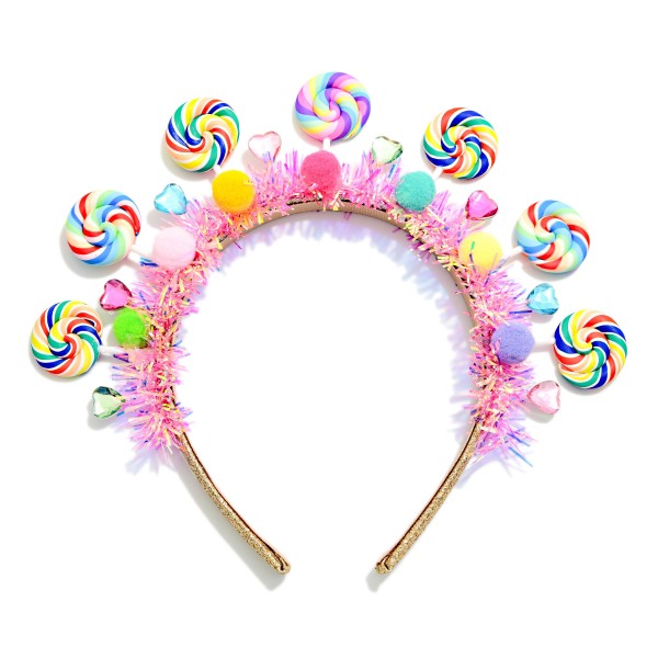 Lollipop, Rhinestone Heart, Pom, & Glitter Fringe Headband 

- One Size Fits Most 