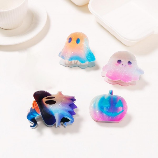 Ghost-shaped claw hair clip molded in glossy acrylic with a soft marbled ombre finish. Strong-grip teeth hold a twist, a half-up, or a full clip-up on fine and thick hair alike, and the playful spirit silhouette makes it an instant seasonal impulse buy. Scaled for everyday wear rather than costume-only, so it keeps moving from early fall right through October. A low price point, high-turn add for the counter or a themed display.