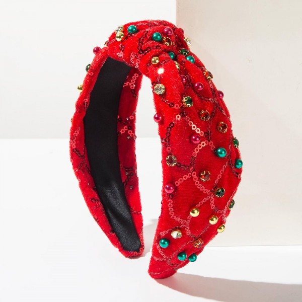 Fuzzy Rhinestone & Bead Studded Knotted Headband With Scalloped Sequin Detail 

- One Size Fits Most