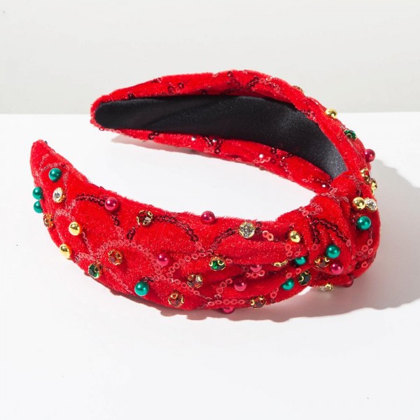 Fuzzy Rhinestone & Bead Studded Knotted Headband With Scalloped Sequin Detail 

- One Size Fits Most