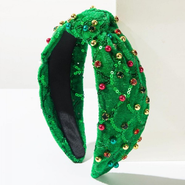 Fuzzy Rhinestone & Bead Studded Knotted Headband With Scalloped Sequin Detail 

- One Size Fits Most