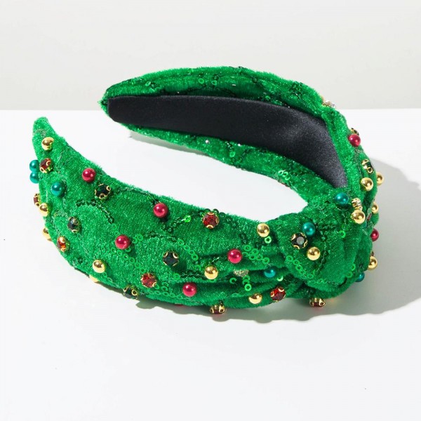 Fuzzy Rhinestone & Bead Studded Knotted Headband With Scalloped Sequin Detail 

- One Size Fits Most