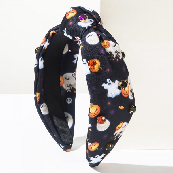 Halloween Print & Rhinestone Studded Knotted Headband

- One Size Fits Most