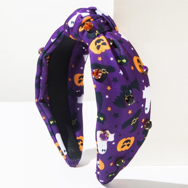 Halloween Print & Rhinestone Studded Knotted Headband

- One Size Fits Most