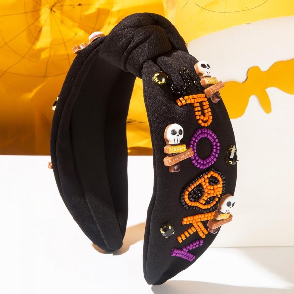 Seed Beaded "SPOOKY" Knotted Headband With Skull Details 

- One Size Fits Most 