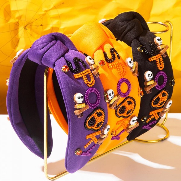 Seed Beaded "SPOOKY" Knotted Headband With Skull Details 

- One Size Fits Most 
