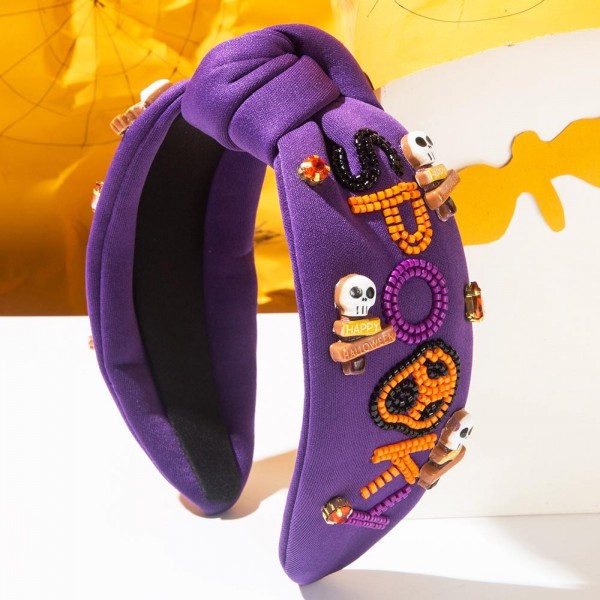 Seed Beaded "SPOOKY" Knotted Headband With Skull Details 

- One Size Fits Most 