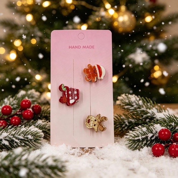 Christmas mini claw clip set carded as a ready to hang multipack, with hand finished holiday charms set on small acrylic clips. The compact size is made for baby hairs, a half up twist, or pinning back a fringe before photos. Carded packaging merchandises straight onto a peg with no extra prep. Seasonal mini clip sets are a dependable stocking stuffer and a strong register impulse through December.
