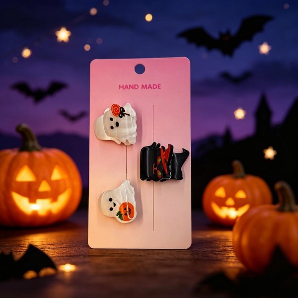 Halloween mini claw clip set carded as a ready to hang multipack, with hand finished charms shaped like ghosts and pumpkins set on small acrylic clips. The compact size works for baby hairs, a half up twist, or clipping back a fringe. Carded packaging means it merchandises straight onto a peg with no extra work. Seasonal mini clip sets are a proven October impulse and an easy treat bag filler.