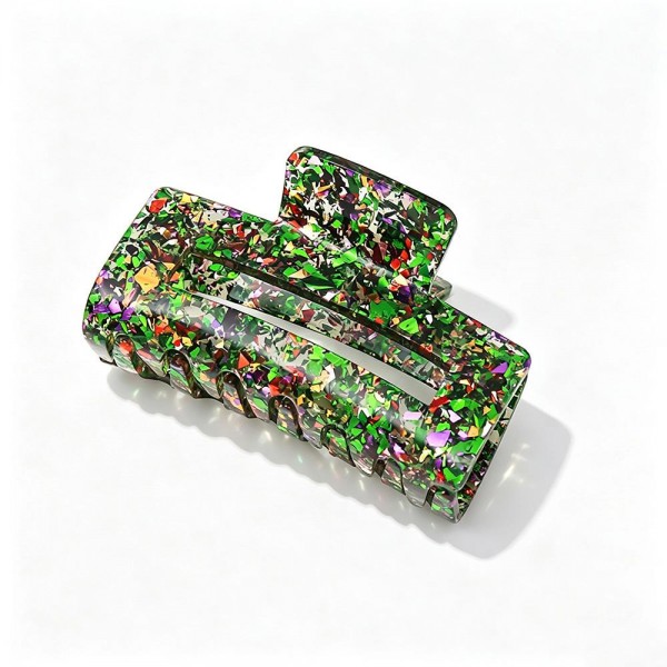 Confetti Glitter Claw Hair Clip, a sparkly statement clip packed with chunky foil flakes set in a glossy acrylic finish. The large rectangular shape and sturdy spring hinge hold thick or long hair in a quick twist, half up style, or easy updo without slipping. A fun everyday accessory for school, work, and weekend outfits that also makes a great stocking stuffer or party favor. Shimmery, affordable, and impossible to walk past, these clips are an easy impulse add at the register.