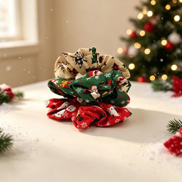 Christmas print scrunchie set that ships as a coordinated multipack, so one pickup covers a full week of holiday outfits. The soft gathered fabric grips a ponytail or a bun without creasing hair or leaving a dent. Festive prints make a simple hair tie feel intentional for classroom parties, family dinners, and photo sessions. Seasonal scrunchie sets are a strong register impulse from November through Christmas.