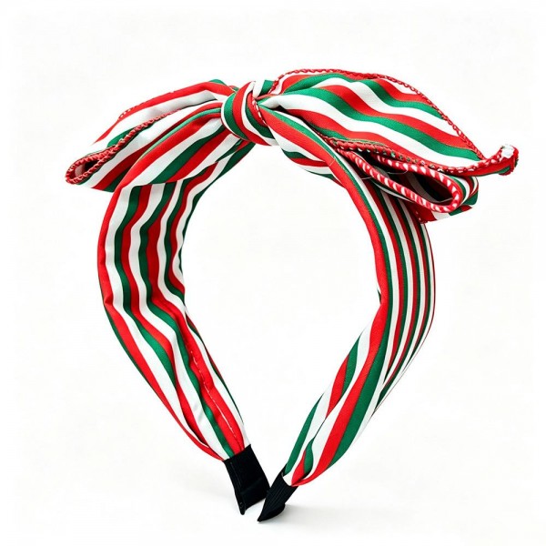 Knotted bow headband in a holiday print, built on a padded band that stays comfortable through a long day of parties and photos. The top knot bow is stitched to keep its shape so it will not droop by the afternoon. An easy festive finish for Christmas mornings, classroom parties, and family portrait sessions. Seasonal headbands sell out fast once holiday displays go up and they reorder well.
