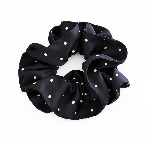 Pin Dot Satin Scrunchie with a smooth, silky finish, a delicate tiny dot print, and a soft elastic core that holds ponytails and buns without creasing or tugging. The full, gathered shape adds instant polish to a simple ponytail and doubles as a cute wrist accessory. Gentle on hair for everyday wear, workouts, and sleep. An easy, affordable add on that customers love to grab in multiples.