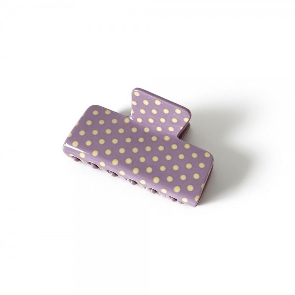 Polka Dot Rectangle Claw Clip with a glossy finish, a sturdy spring hinge, and grippy interlocking teeth that hold medium to thick hair securely. The square silhouette is a modern take on the classic claw and works for French twists, low buns, and quick half up styles. Wear one solo or mix several shades for a playful stack. A trendy, affordable hair accessory that sells in multiples and refreshes any countertop display.