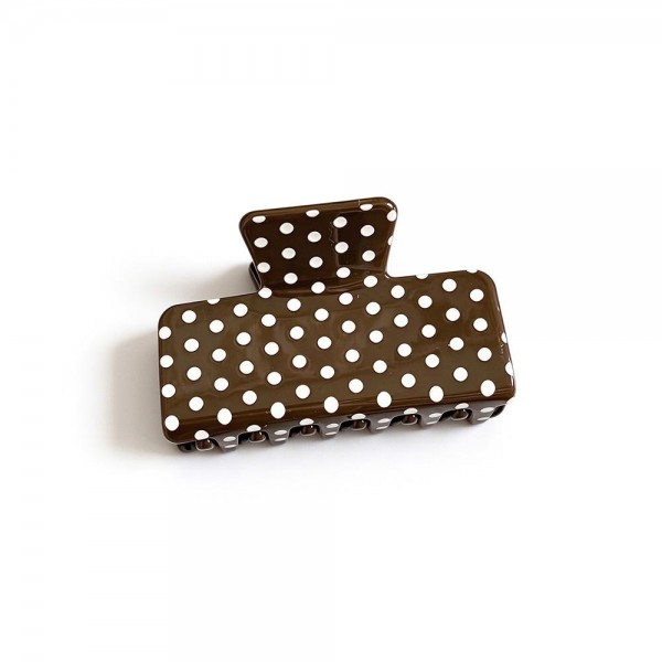Polka Dot Rectangle Claw Clip with a glossy finish, a sturdy spring hinge, and grippy interlocking teeth that hold medium to thick hair securely. The square silhouette is a modern take on the classic claw and works for French twists, low buns, and quick half up styles. Wear one solo or mix several shades for a playful stack. A trendy, affordable hair accessory that sells in multiples and refreshes any countertop display.