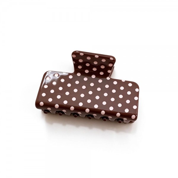Polka Dot Rectangle Claw Clip with a glossy finish, a sturdy spring hinge, and grippy interlocking teeth that hold medium to thick hair securely. The square silhouette is a modern take on the classic claw and works for French twists, low buns, and quick half up styles. Wear one solo or mix several shades for a playful stack. A trendy, affordable hair accessory that sells in multiples and refreshes any countertop display.