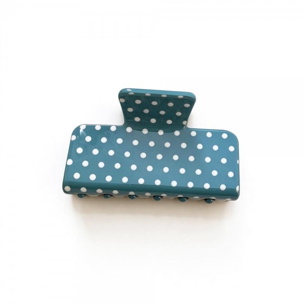 Polka Dot Rectangle Claw Clip with a glossy finish, a sturdy spring hinge, and grippy interlocking teeth that hold medium to thick hair securely. The square silhouette is a modern take on the classic claw and works for French twists, low buns, and quick half up styles. Wear one solo or mix several shades for a playful stack. A trendy, affordable hair accessory that sells in multiples and refreshes any countertop display.