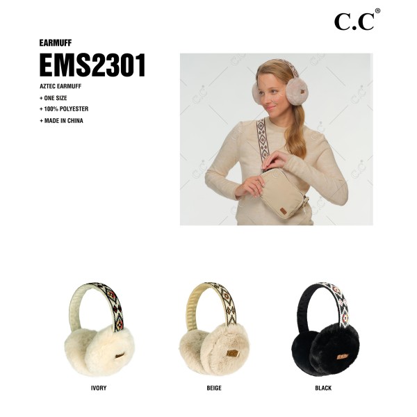 C.C EMS2301
Aztec Band Earmuff With Fur Trim

- One Size Adjustable Band
- 100% Polyester 