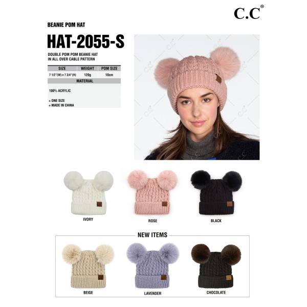 C.C HAT-2055-S 
Cable Knit Pattern Solid Color Double Pom Beanie.
- One size fits most
- 100% Acrylic