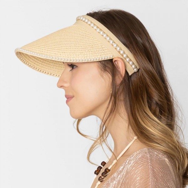 Wholesale do Everything Love Straw Sun Visor Pearl Edge Detail One Fits Most Pap