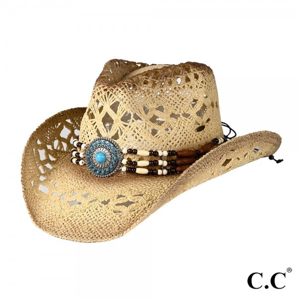 C.C CBC0021
Tea Stained Open Weaved Cowboy Hat With Western Wooden Bead Band

- One Size Fits Most
- UV Protection 50+
- 100% Paper
- Brim Approximately 3.75" W