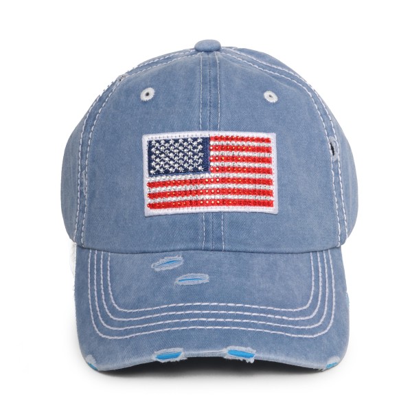 Rhinestone American Flag Patch Distressed Baseball Cap

- One Size Fits Most
- Velcro Adjustable Closure 
- 100% Cotton 
