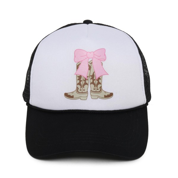 Cowgirl Boots & Bow Trucker Baseball Cap

- One Size Fits Most
- Adjustable Snap Back
- 100% Polyester