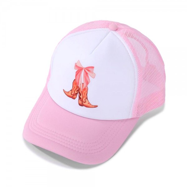 Cowgirl Boot Bow Trucker Baseball Cap

- One Size Fits Most
- Adjustable Snap Back
- 100% Polyester