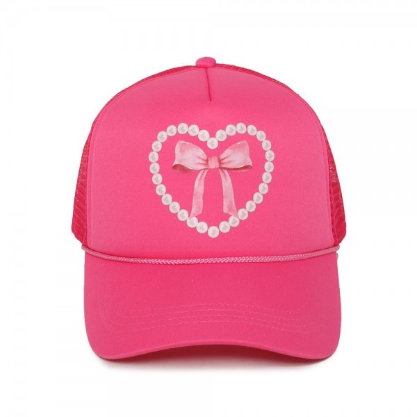 Pearl Heart Bow Trucker Baseball Cap

- One Size Fits Most
- Adjustable Snap Back
- 100% Polyester