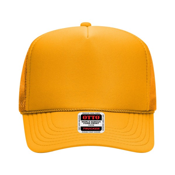 OTTO CAP 39-165
5 Panel High Crown Mesh Back Trucker Hat
- One Size Fits Most 
- Adjustable Snap Back 
- 100% Polyester - Front Panel With Lining 
- Polyester Foam Front
100% Polyester Front 100% Polyester Mesh Back The Traditional Look 5-panel cap Seamless Foam Front Panel with Lining Matching Color Braid 8 Rows Stitching on Visor Matching Fabric Under Visor Matching Color Sweatband Plastic Adjustable Snap OSFM - Adult (6 1/2 - 7 5/8)