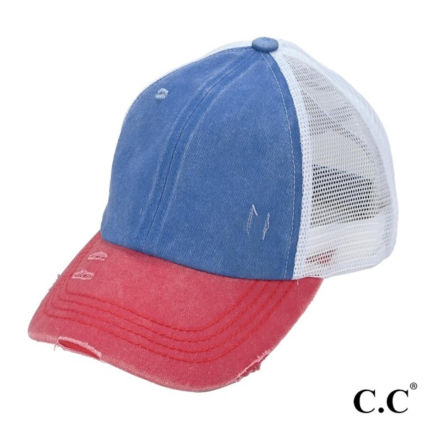 C.C BT-781
Distressed Criss-Cross Cap

- One Size Fits Most
- Criss-Cross Pony Tail Opening 
- Adjustable Velcro Closure
- 60% Cotton 40% Polyester