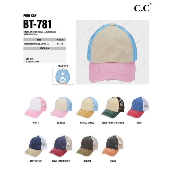 C.C BT-781
Distressed Criss-Cross Cap
- One Size Fits Most
- Criss-Cross Pony Tail Opening 
- Adjustable Velcro Closure
- 60% Cotton 40% Polyester