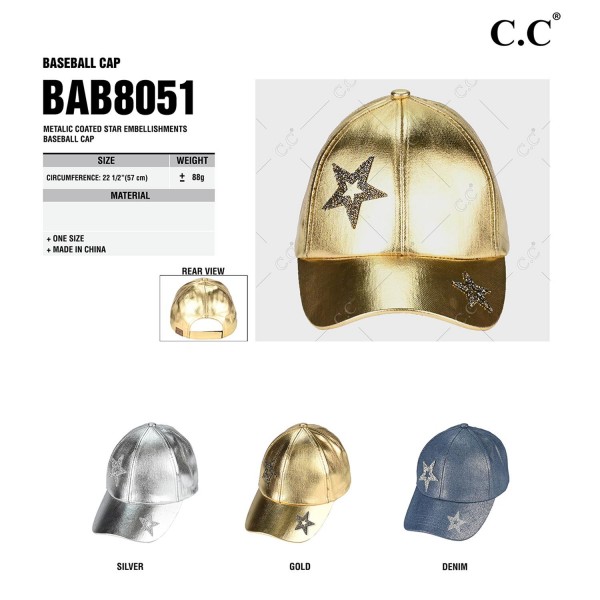 C.C BAB-8051
Metallic Coated Star Embellishments Baseball Cap
- One Size Fits Most
- Velcro Closure 
- 90% Cotton 10% Polyester