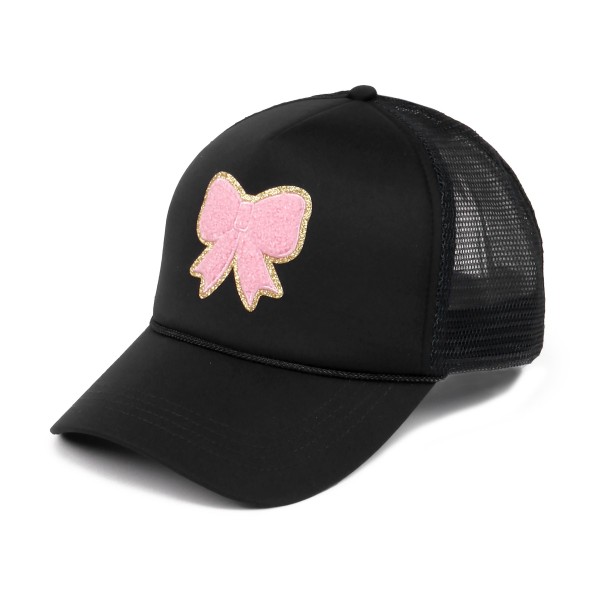 Wholesale chenille Bow Patch Trucker Hat One Fits Most Adjustable Snap Back Poly