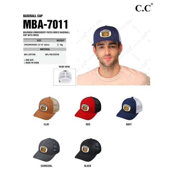 C.C Baseball Cap MBA-7011
Men's Embroidered Bourbon Patch C.C Baseball Cap With Mesh Back
- One Size Fits Most
- 60% Cotton / 40% Polyester
