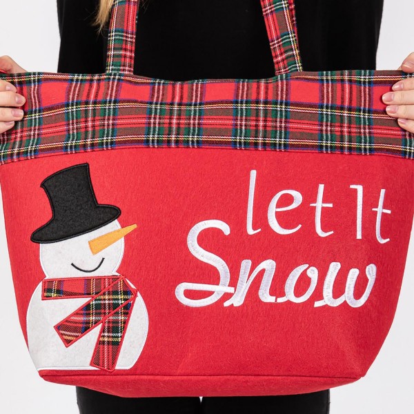 Felt Embroidered 'Let It Snow' & Snowman Tote Bag With Plaid Detail 
- Lined Inside 
- One Open Pocket 
- Approximately 19.5" L X 13.5" T X 6.5" D
- Strap Drop 8.5" L
- 100% Polyester