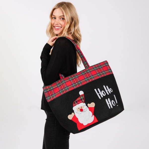 Felt Embroidered 'Ho Ho Ho!' & Santa Tote Bag With Plaid Detail 
- Lined Inside 
- One Open Pocket 
- Approximately 19.5" L X 13.5" T X 6.5" D
- Strap Drop 8.5" L
- 100% Polyester