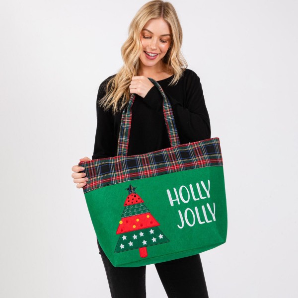 Felt Embroidered 'Holly Jolly' & Christmas Tree Tote Bag With Plaid Detail - Lined Inside - One Open Pocket - Approximately 19.5" L X 13.5" T X 6.5" D - Strap Drop 8.5" L - 100% Polyester view 5