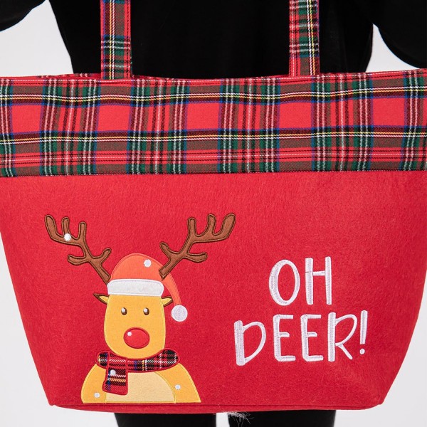 Felt Embroidered 'OH DEER!' & Reindeer Tote Bag With Plaid Detail 
- Lined Inside 
- One Open Pocket 
- Approximately 19.5" L X 13.5" T X 6.5" D
- Strap Drop 8.5" L
- 100% Polyester