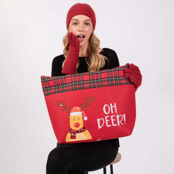 Felt Embroidered 'OH DEER!' & Reindeer Tote Bag With Plaid Detail - Lined Inside - One Open Pocket - Approximately 19.5" L X 13.5" T X 6.5" D - Strap Drop 8.5" L - 100% Polyester view 5