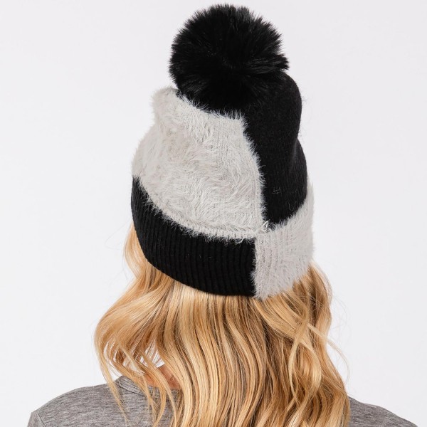 Two Tone Faux Fur & Knit Beanie With Faux Fur Pom - Lined Inside - One Size Fits Most - 50% Acrylic / 50% Nylon view 5