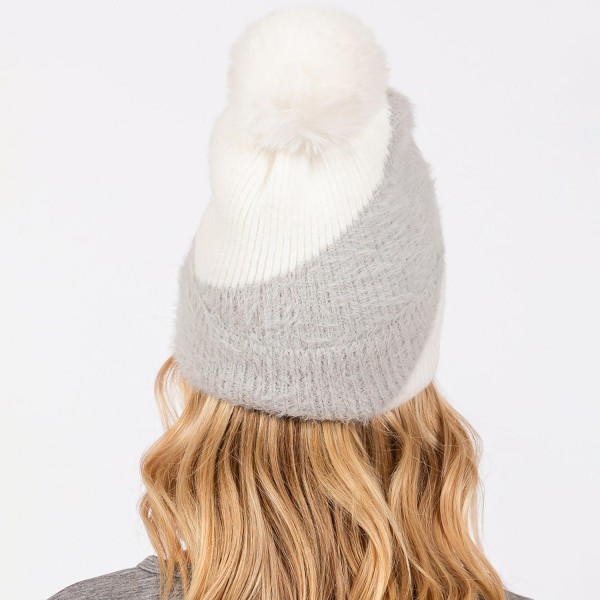 Two Tone Faux Fur & Knit Beanie With Faux Fur Pom - Lined Inside - One Size Fits Most - 50% Acrylic / 50% Nylon view 5
