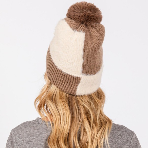Two Tone Faux Fur & Knit Beanie With Faux Fur Pom - Lined Inside - One Size Fits Most - 50% Acrylic / 50% Nylon view 5