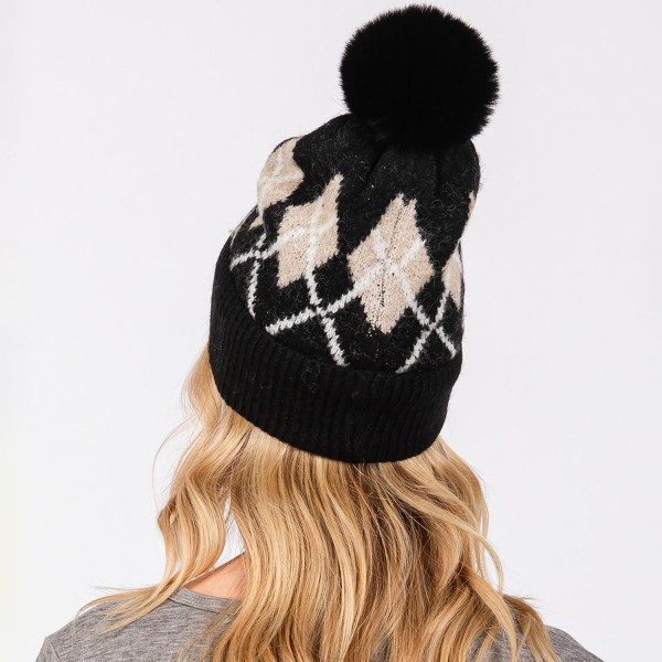Argyle Pattern Cuffed Beanie With Faux Fur Pom - Lined Inside - One Size Fits Most - 90% Acrylic / 10% Wool view 5