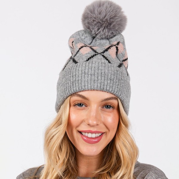 Wholesale argyle Pattern Cuffed Beanie Faux Fur Pom Lined Inside One Fits Most A